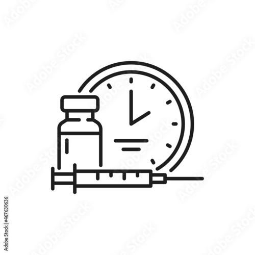 Coronavirus vaccine shot, time to vaccinate, syringe injection, bottle and timer clock thin line icon. Vector immunization campaign. Health care protection, medical treatment, pandemic fight