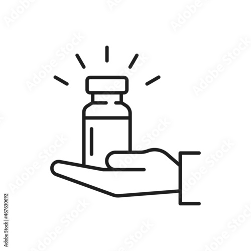 Hand holding bottle with medicine pills isolated thin line icon. Vector medicament pills, healthcare and immunization concept. Pharmacy treatment, antiviral drugs, coronavirus protection