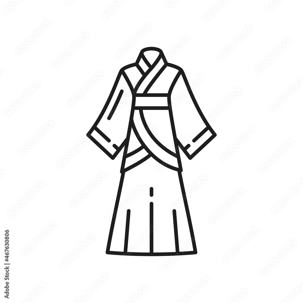 Kimono long sleeve chinese woman gown isolated thin line icon. Vector Japanese korean dress, traditional national clothing of China, Japan, Korea culture, asian cloth. Oriental ethnic dress with belt Kimono long sleeve chinese woman gown isolated thin line icon. Vector Japanese korean dress, traditional national clothing of China, Japan, Korea culture, asian cloth. Oriental ethnic dress with belt