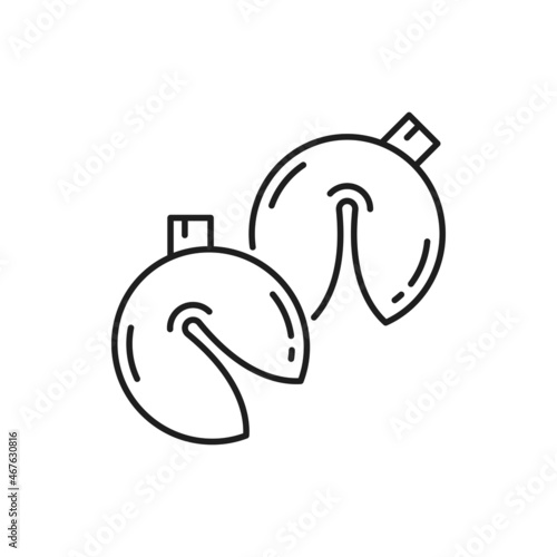 Fortune cookies isolated traditional Chinese, Korean or Japanese cookies thin line icon. Vector biscuit crumbs, opportunity metaphor oriental snack, destiny prediction tellers, wish and luck symbol