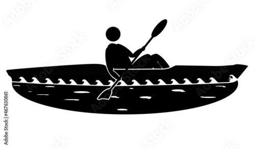 flat illustration using one color, the object is a person using a kayak on a lake or river