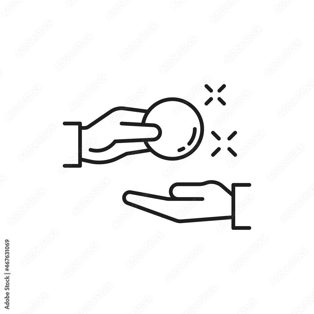 Hand giving and receiving cash isolated thin line icon. Vector donation, funding, payday, bribe concept. Pay for something, money refund, cashback or loan, reward or return coins, change, price off Hand giving and receiving cash isolated thin line icon. Vector donation, funding, payday, bribe concept. Pay for something, money refund, cashback or loan, reward or return coins, change, price off