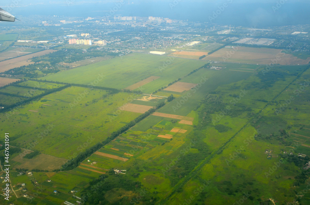 Aerial view of countryside from airliner. Kiev Region.