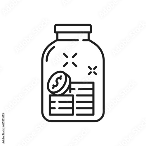 Glass money jar full of coins with dollar sign isolated thin line icon. Vector saving money in moneybox. Growth of income and savings, investment and wealth symbol. Business success, insurance