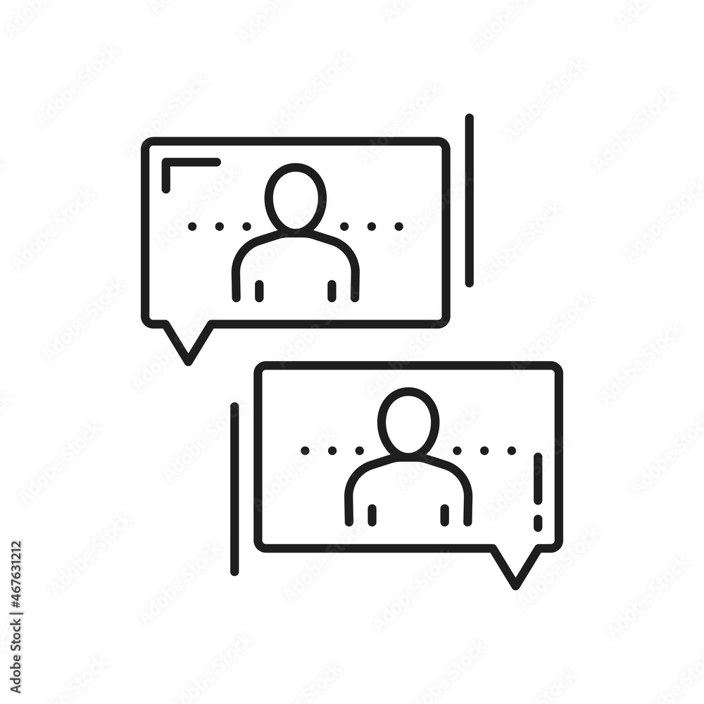 Communication of two people client and support center worker isolated thin line icon. Vector online conversation of coworkers, dialog discussion and contact, partnership, teamwork collaboration Communication of two people client and support center worker isolated thin line icon. Vector online conversation of coworkers, dialog discussion and contact, partnership, teamwork collaboration