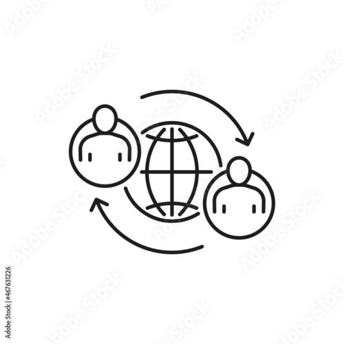 International communication and collaboration isolated people avatars and globe thin line icon. Vector distance education concept, worldwide cooperation using modern technologies, support anywhere