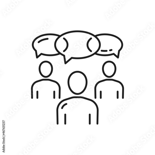 Online meeting chat conference, workers exchange opinions isolated thin line icon. Vector business chat conference, team communication, group of people and speech bubbles, distance education