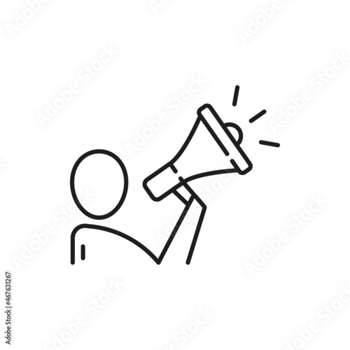 Person speak in megaphone isolated thin line icon. Vector business man speaker announce or proclaim news in loudspeaker, broadcasting online. Character support center worker gives info message
