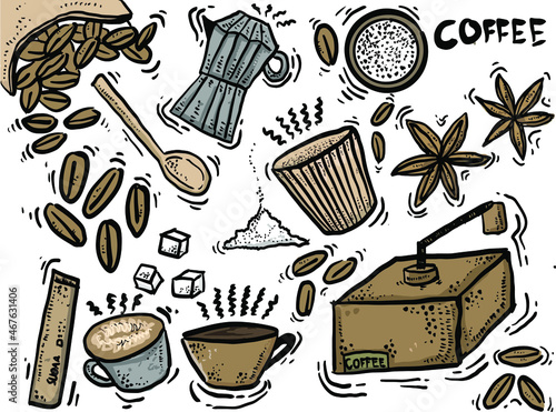 cute doodle cartoon coffee shop icons. vector outline hand drawn for coffee and bakery for cafe menu, including supply item and equipment isolated on white background. drawing style