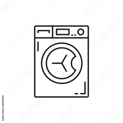 Drying, dish washing machine isolated electric washer thin line icon. Vector household appliance, laundromat or cloth dryer, device for household chores. Bathroom washing device, steel washer