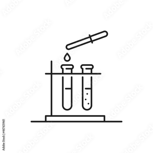 Gene engineering, beakers on stand and eyedropper with falling drop isolated thin line icon. Vector modified food, genetics, chemistry and physics scientific research, pharmaceutical lab glassware