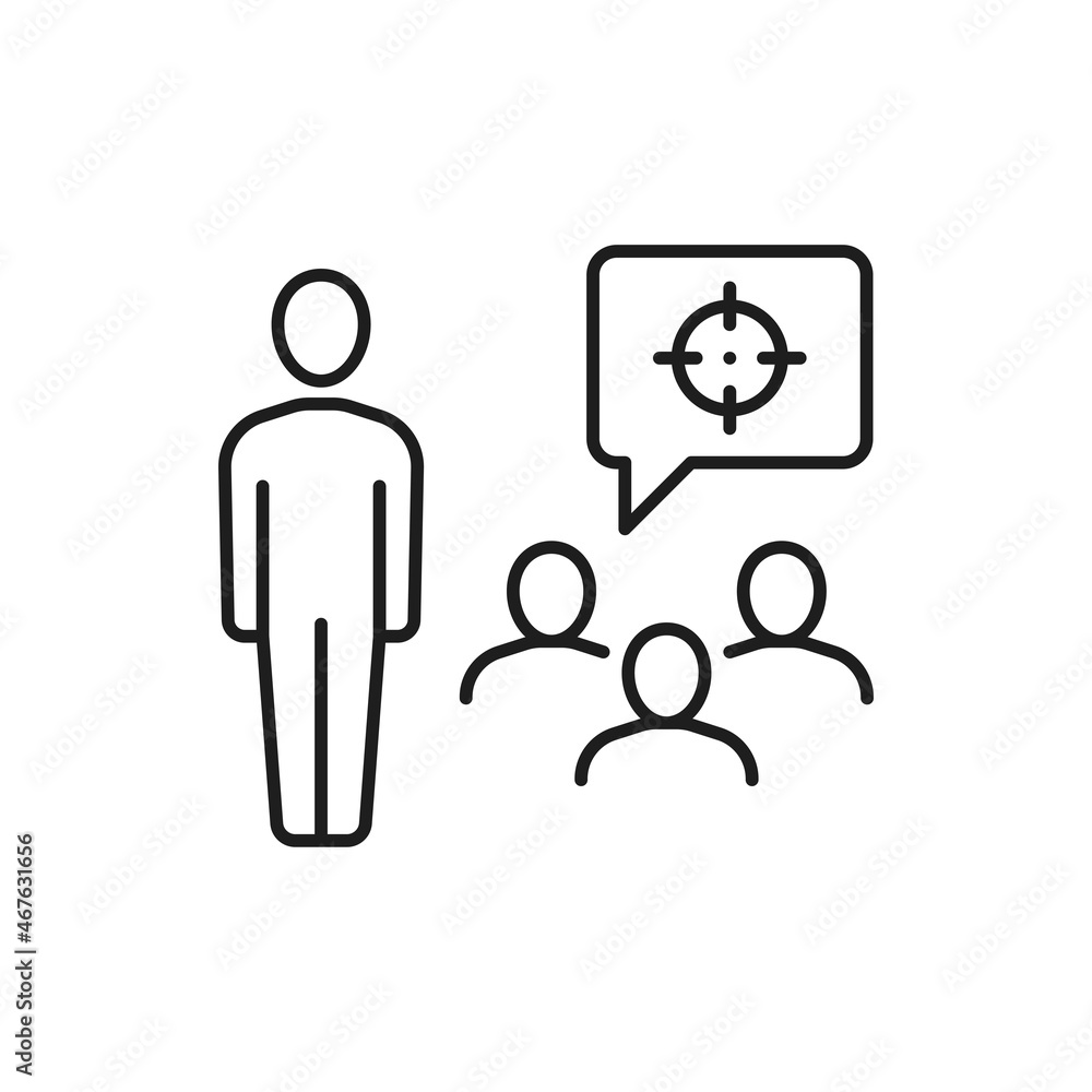 Obraz premium Meeting chat conference, communicating people and target goal isolated thin line icon. Vector support center workers, team communication group finding financial decisions, profit advantages