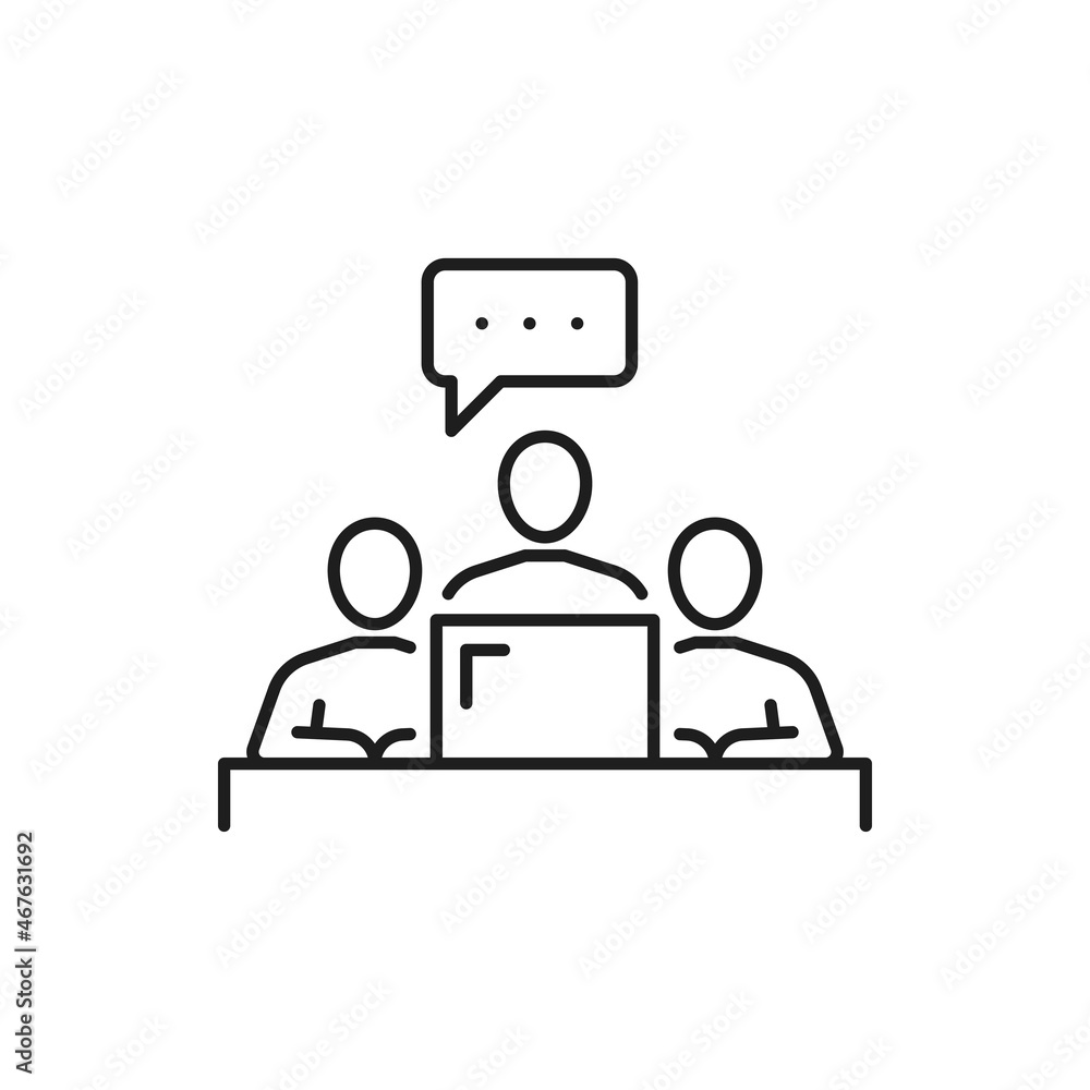 People writing message on computer isolated thin line icon. Vector chat or online support, content editors typewriters. Copywriters or writers typing text online, distance education and examination