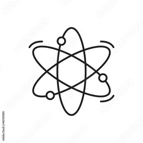 Molecular atomic structure scientific research, chemistry and nuclear energy symbol isolated thin line icon. Vector quantum physics chain of atoms, neutrons, electrons and protons, orbiting molecules