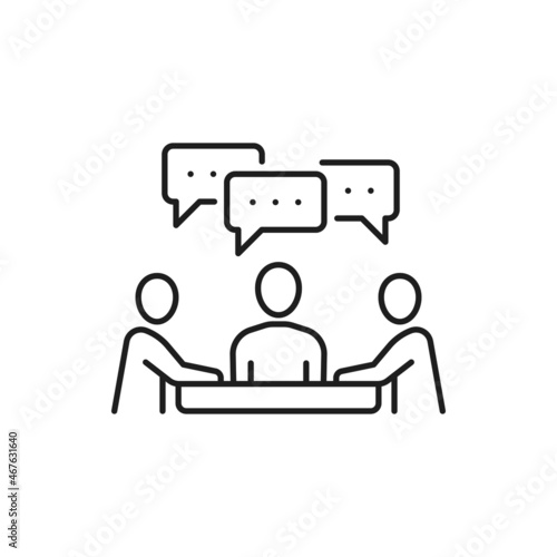 Brainstorming and business issues discussion isolated thin line icon. Vector team meeting, people sitting at table and communicate. Busy people talking, time management and collaboration, recruitment