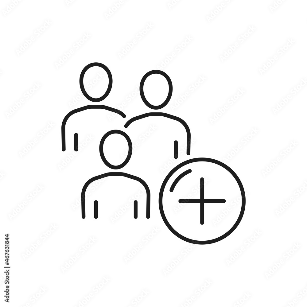 Group of people with plus sign isolated thin line icon. Vector business team need new workers, first aid cause to health problems. Positive attitude in management, need of assistance, support and help Group of people with plus sign isolated thin line icon. Vector business team need new workers, first aid cause to health problems. Positive attitude in management, need of assistance, support and help