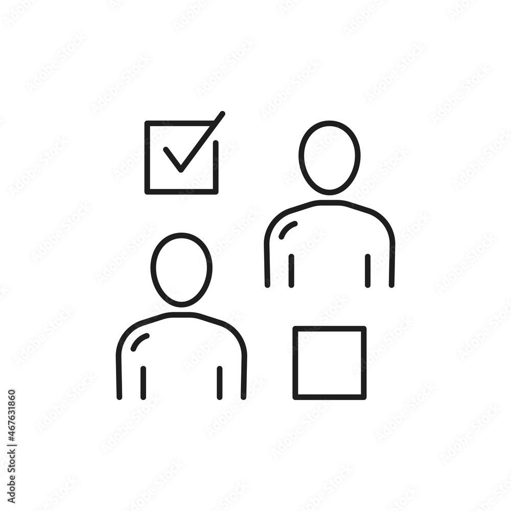Selecting hiring right employee, worker candidate isolated check in square thin line icon. Vector showing employable and suitable for job person, tick mark. Recruitment and human resource management Selecting hiring right employee, worker candidate isolated check in square thin line icon. Vector showing employable and suitable for job person, tick mark. Recruitment and human resource management