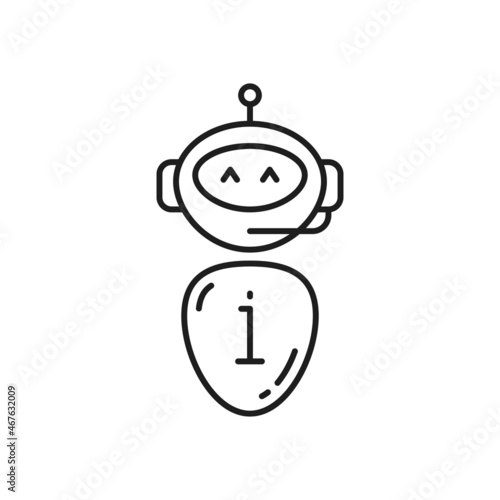 Cute smiling robot isolated chat bot thin line icon. Vector virtual online help voice support android, artificial intelligence operator, call center chatbot in headphones headset. Hotline assistant