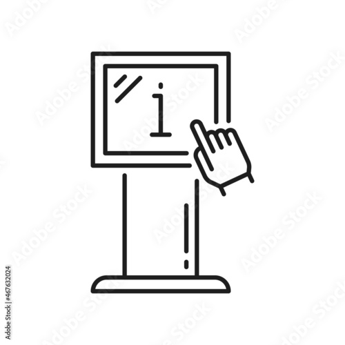 Interactive information terminal with hand pushing on button isolated thin line icon. Vector touch screen kiosk stand, console with i letter on digital screen. Street info box, instruction monitor