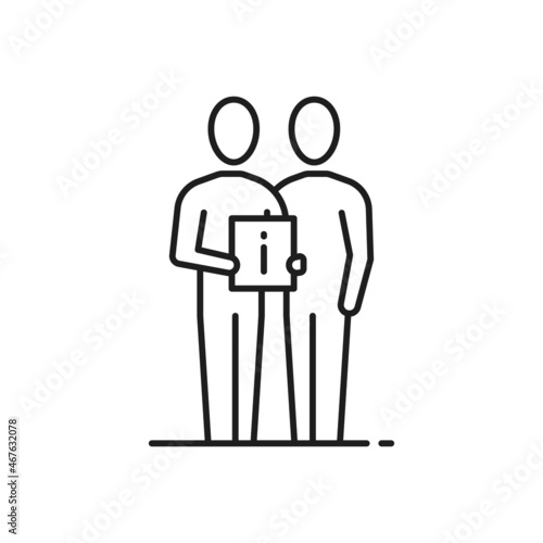 Customer support, person assistant help to client, information board in hands isolated thin line icon. Vector communicating people and private policy, conversation between hr manager and employee
