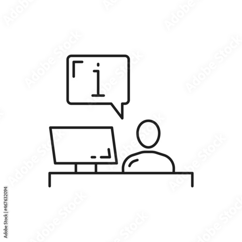Man sitting at information helpdesk isolated customer support center worker. Vector call center registration counter, operator in office. Hotel reception, check in registration table with assistant