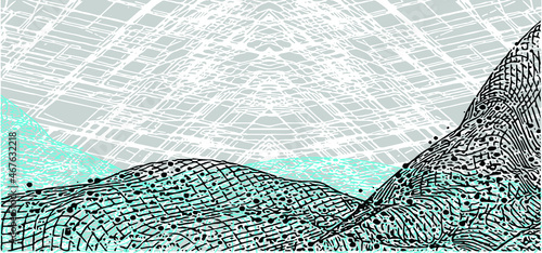The futuristic technological background consisting of a 3D network and a pyramidal structure projected a sense of meta-universe. Isolated vector.

