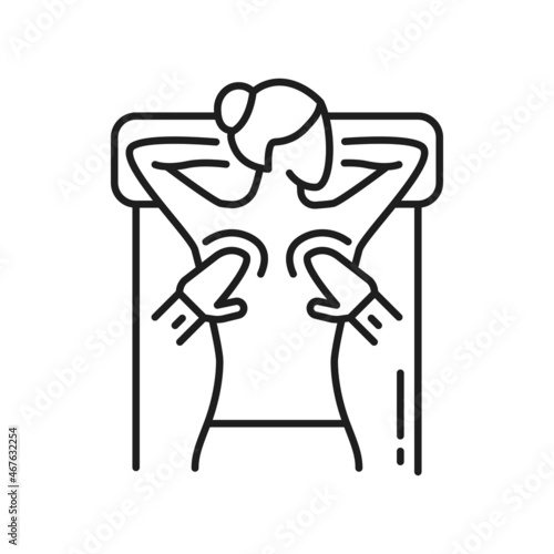 Massage isolated outline icon. Vector physiotherapist massaging womans back, chiropractic, rehabilitation. Relaxing person on bed, hands of masseur. Thailand massage, physiotherapy relaxation and spa