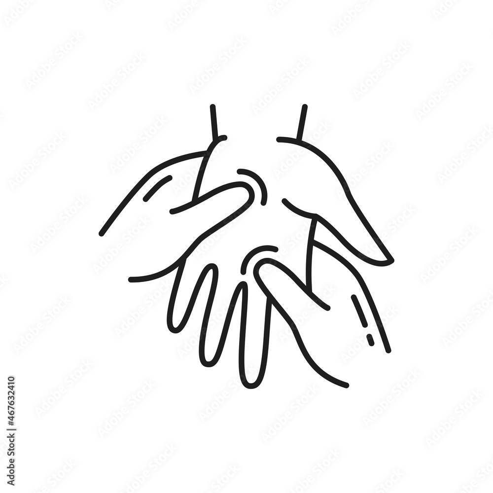 Hand massage, doctor massaging human palm isolated outline icon. Vector arthritis, reflexology and rheumatoid, medical healthcare and osteopathic therapy, doctor therapist massaging female arm Hand massage, doctor massaging human palm isolated outline icon. Vector arthritis, reflexology and rheumatoid, medical healthcare and osteopathic therapy, doctor therapist massaging female arm