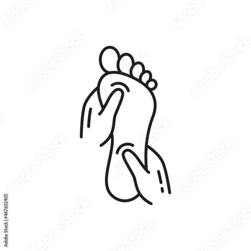 Reflexology foot massage isolated outline icon. Vector reflexing points on feet, pedicure, woman legs massage, footcare cosmetics, barefoot lady hygiene procedure. Foot treatment, japanese shiatsu