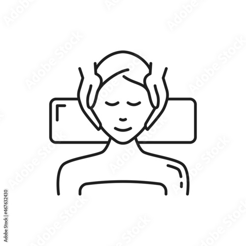 Face massage salon procedure in spa isolated outline icon. Vector facial care at cosmetologist bed. Beauty woman, cosmetics and skin care. Applying facial cream to customer in beauty parlor, therapy