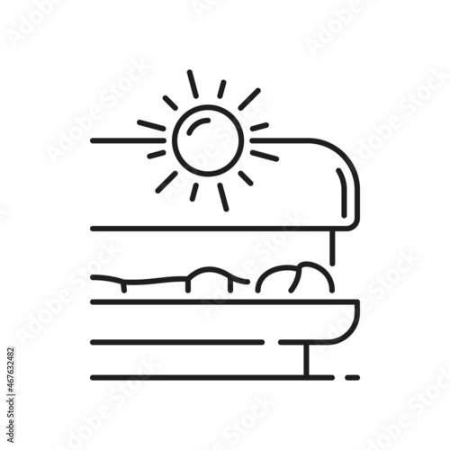Tanning procedure at spa salon lady in sunroom isolated outline icon. Vector woman getting tan on skin, professional treatment in solarium. Girl lying and tanning, equipment with ultraviolet lamp
