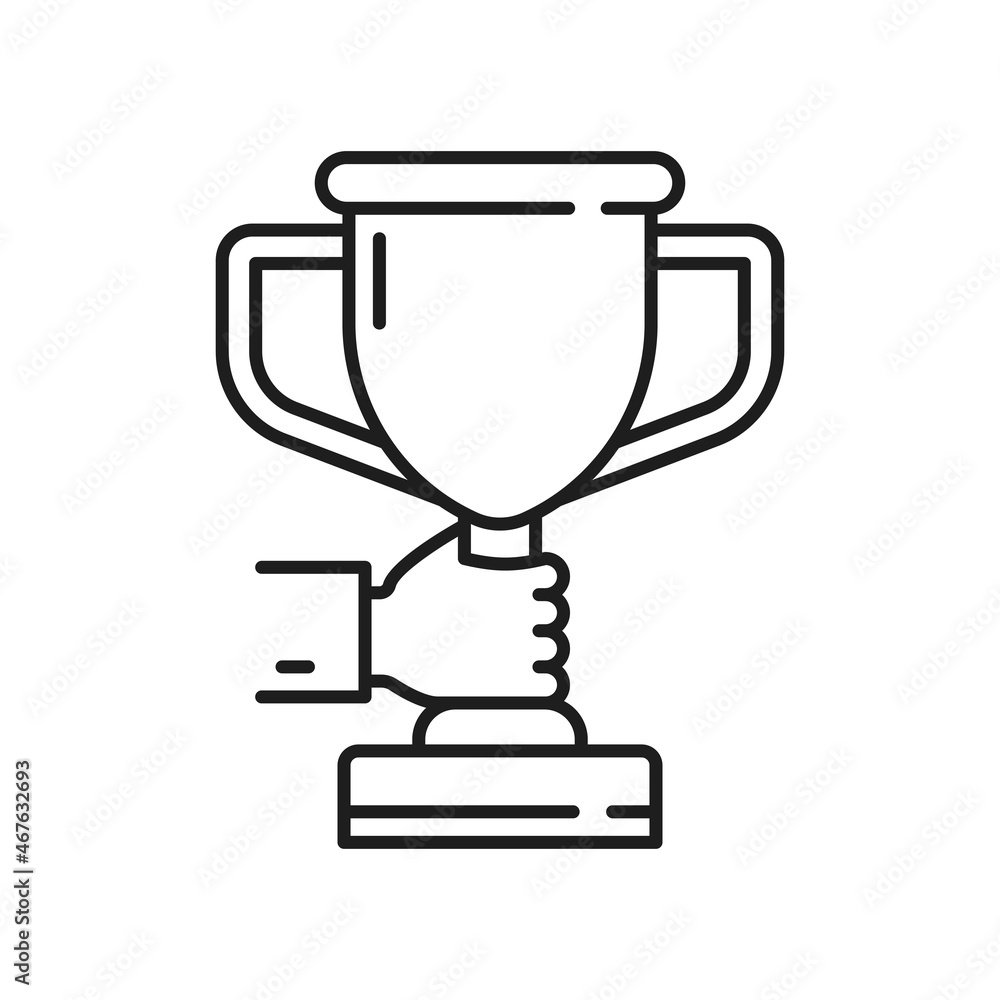 Hand holding trophy cup best prize award isolated thin line icon. Vector success in business, successful education, winners goal achievement. Leadership and inspiration, champion reward outline sign Hand holding trophy cup best prize award isolated thin line icon. Vector success in business, successful education, winners goal achievement. Leadership and inspiration, champion reward outline sign
