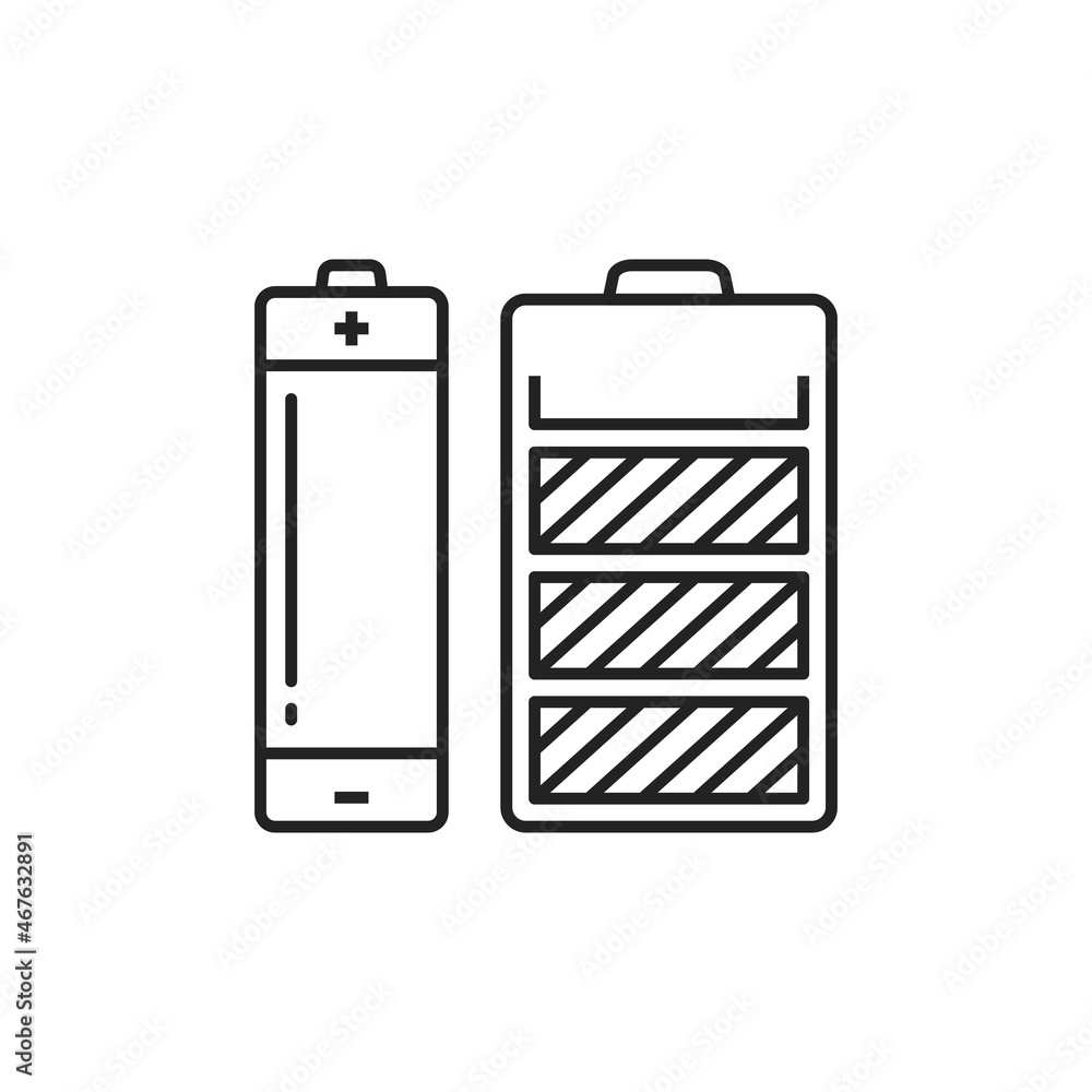 Charger sign, alkaline battery isolated thin line icon. Vector primary triple-A battery, double A, penlite Mignon AA cell with plus and minus. Energy power charger, loaded battery of mobile phone Charger sign, alkaline battery isolated thin line icon. Vector primary triple-A battery, double A, penlite Mignon AA cell with plus and minus. Energy power charger, loaded battery of mobile phone