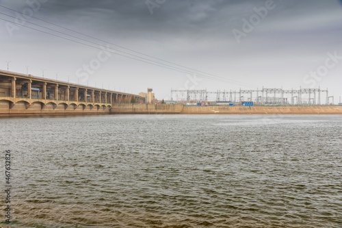 Hydroelectric dam on the Kama River in Naberezhnye Chelny, Russia on a cloudy autumn day.
