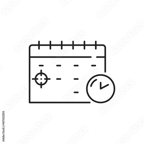 Calendar or note with to-do list and accomplished goal isolated outline icon. Vector target hit, goal, date planning, plan, action and check mark on paper. Business motivation, inspiration, leadership