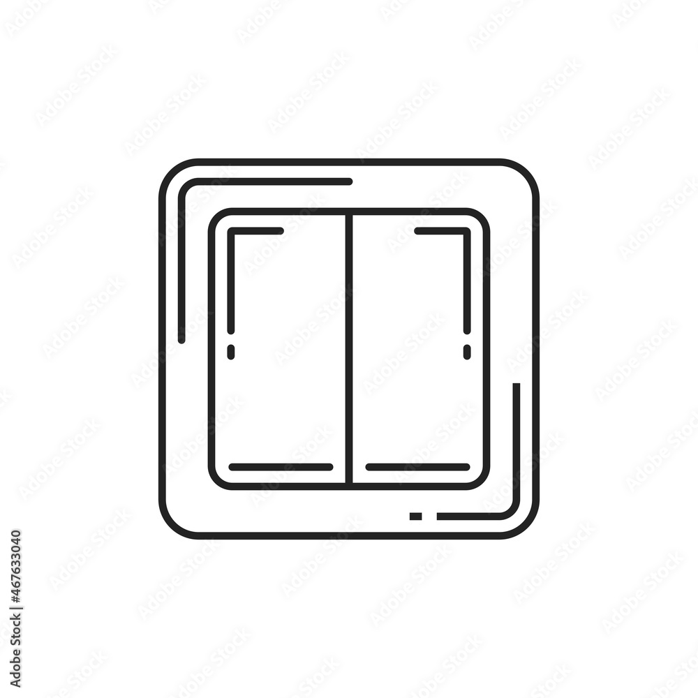 Light switch isolated thin line icon. Vector european style rocker switch hand drawn sign. Double switch used to operate electric lights, permanently connected equipment or electrical outlets Light switch isolated thin line icon. Vector european style rocker switch hand drawn sign. Double switch used to operate electric lights, permanently connected equipment or electrical outlets