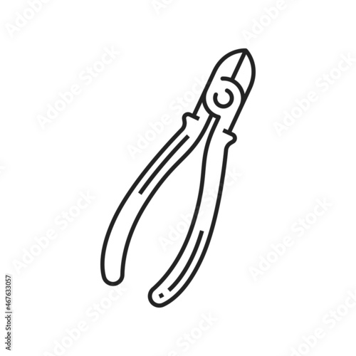 Diagonal pliers isolated closed side cutters thin line icon. Vector snips or nippers used electricians network engineers to cut wire, pliers. Wire cutters or diagonal cutting pliers repair tool