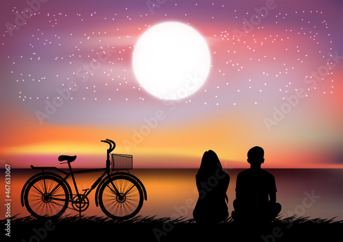 silhouette image A couple man and women sitting at the beach with Moon in the sky at night time design vector illustration