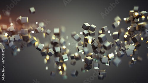 Stream of chaotic black and glowing cubes 3D render