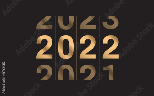 Happy New Year 2022 elegant design on black background. Golden 2022 numbers. Luxury style. Sorted by ascending year Vector illustration.