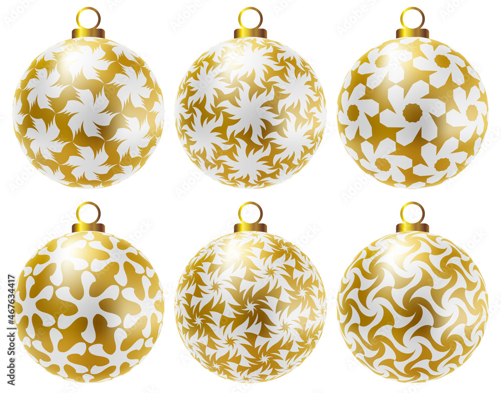 Set of realistic christmas balls. White christmas balls with golden patterns. Set of realistic christmas balls. White christmas balls with golden patterns.