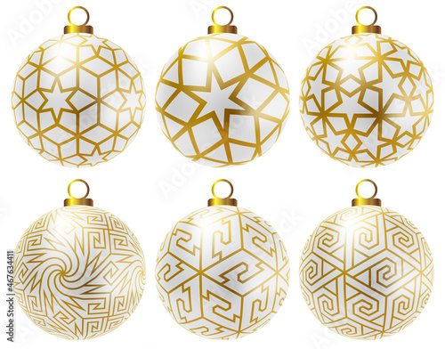 Set of realistic christmas balls. White christmas balls with golden patterns.	