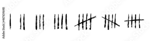Tally mark number lines on the wall. Hand drawn sticks for counting time in prison. Vector illustration design set.