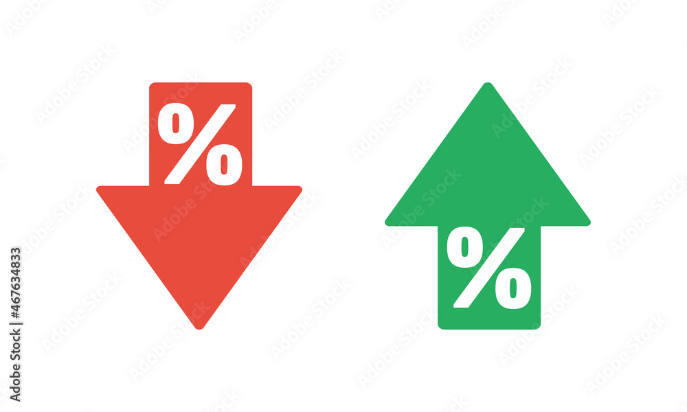 Fototapeta premium percent sign with green up and red down arrows, inflation or tax vector icon