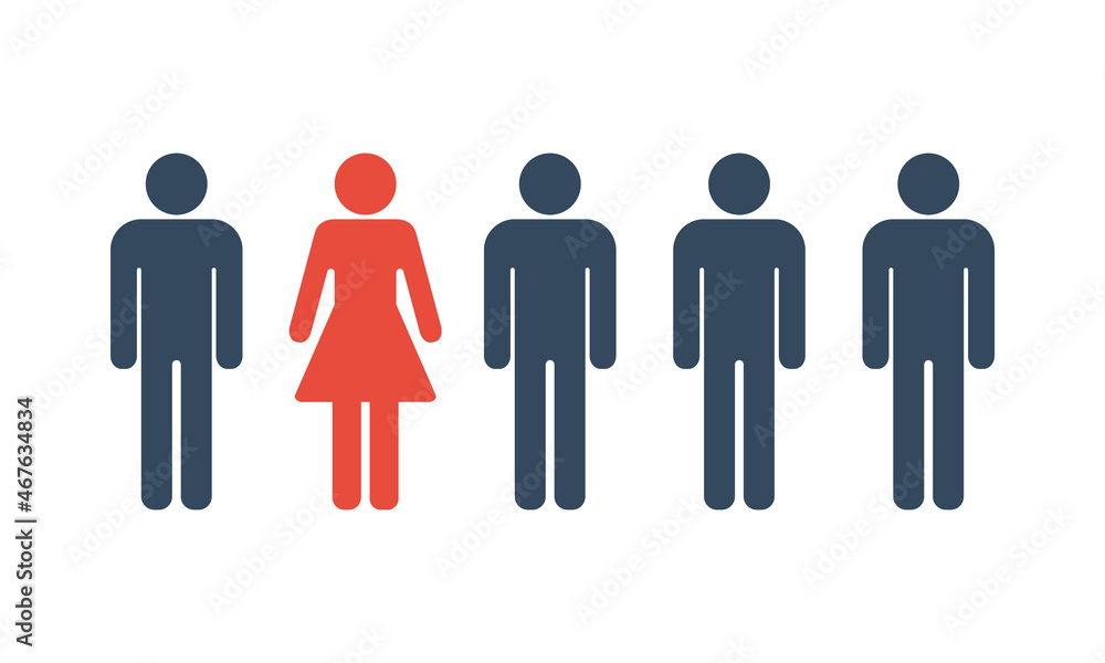 woman among men, social issue or gender equality vector icon woman among men, social issue or gender equality vector icon