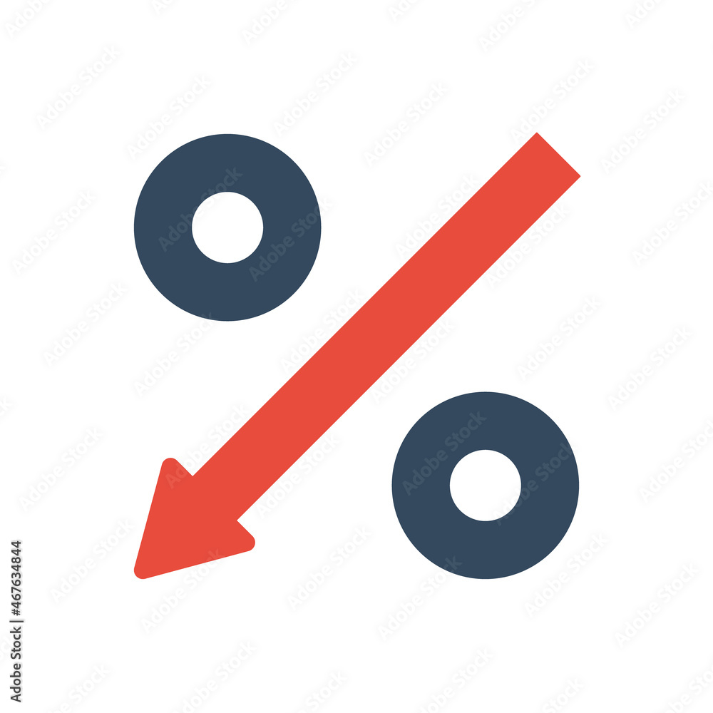 percent sign with red down arrows, inflation or tax reduction vector icon percent sign with red down arrows, inflation or tax reduction vector icon