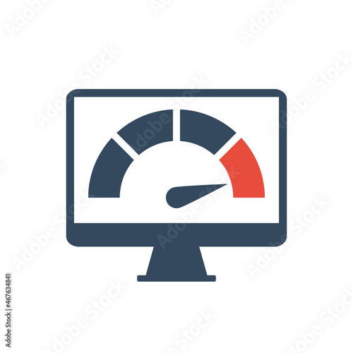 computer display with right red gauge indicator sector, benchmark result or speed check vector icon