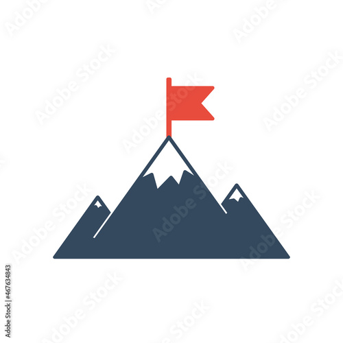 mountain peak with red flag, challenge winner or success vector icon