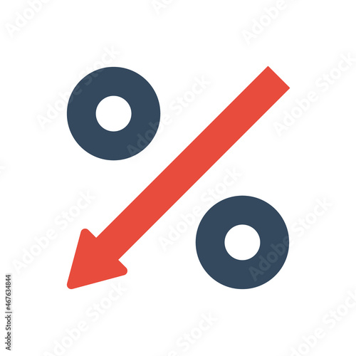 percent sign with red down arrows, inflation or tax reduction vector icon
