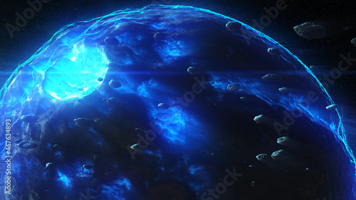 Destroyed planet in deep space with asteroids and sun flares Cinematic view of destroyed death star after meteor asteroids impact 